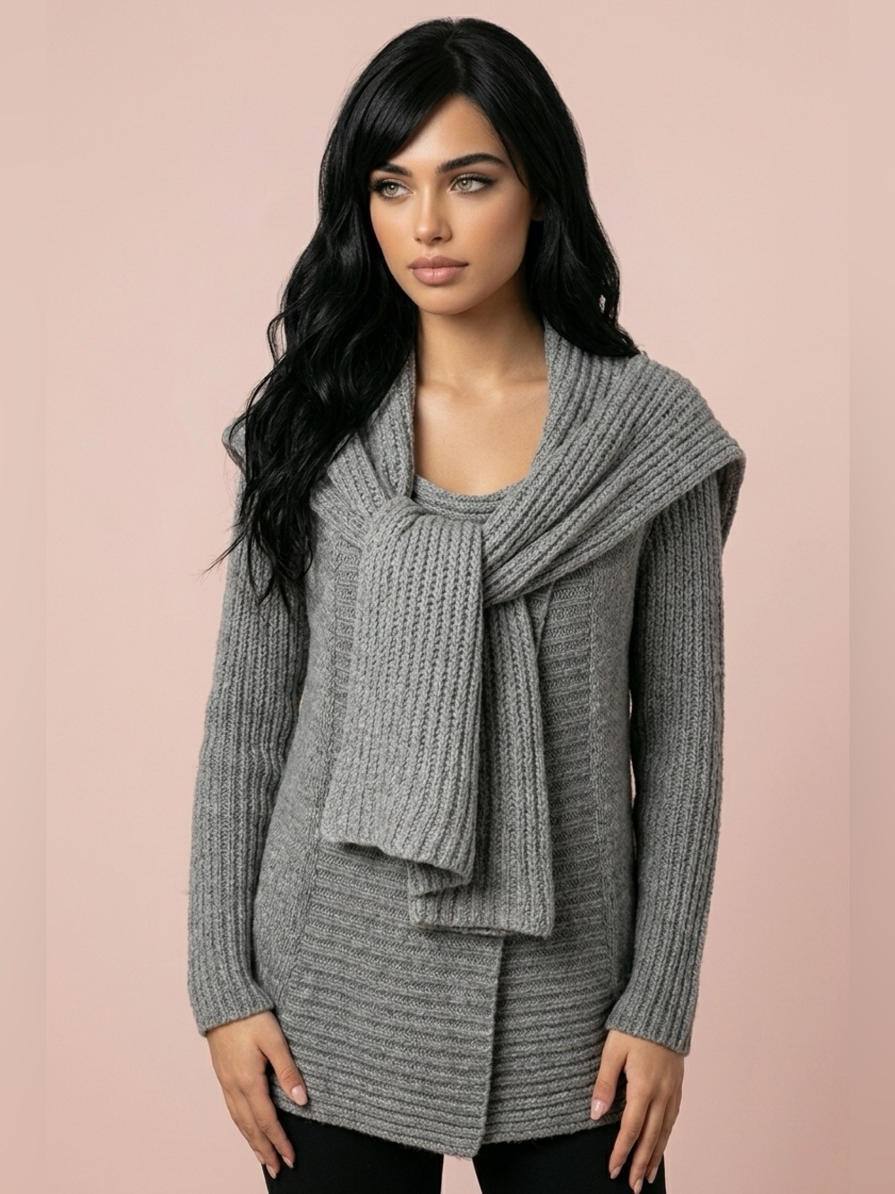 Theory Cottagecore Comfort Warm Gray Knit Sweater Cross Closure Scarf Tie size S